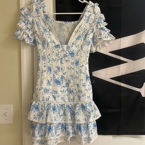 Brunch Club blue and white smocked bodice dress, size small, NWOT